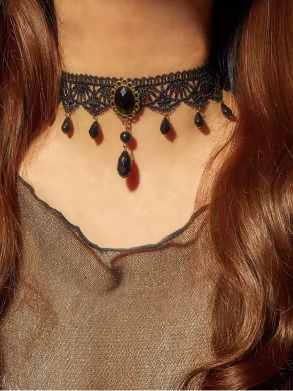Black Lace Choker Necklace with Black Gemstone Gothic Necklace adjustable NWT